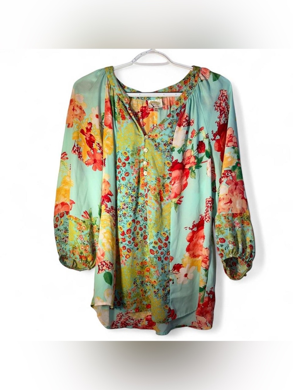 Mint Floral Button-Front Peasant Blouse - Mint Multi